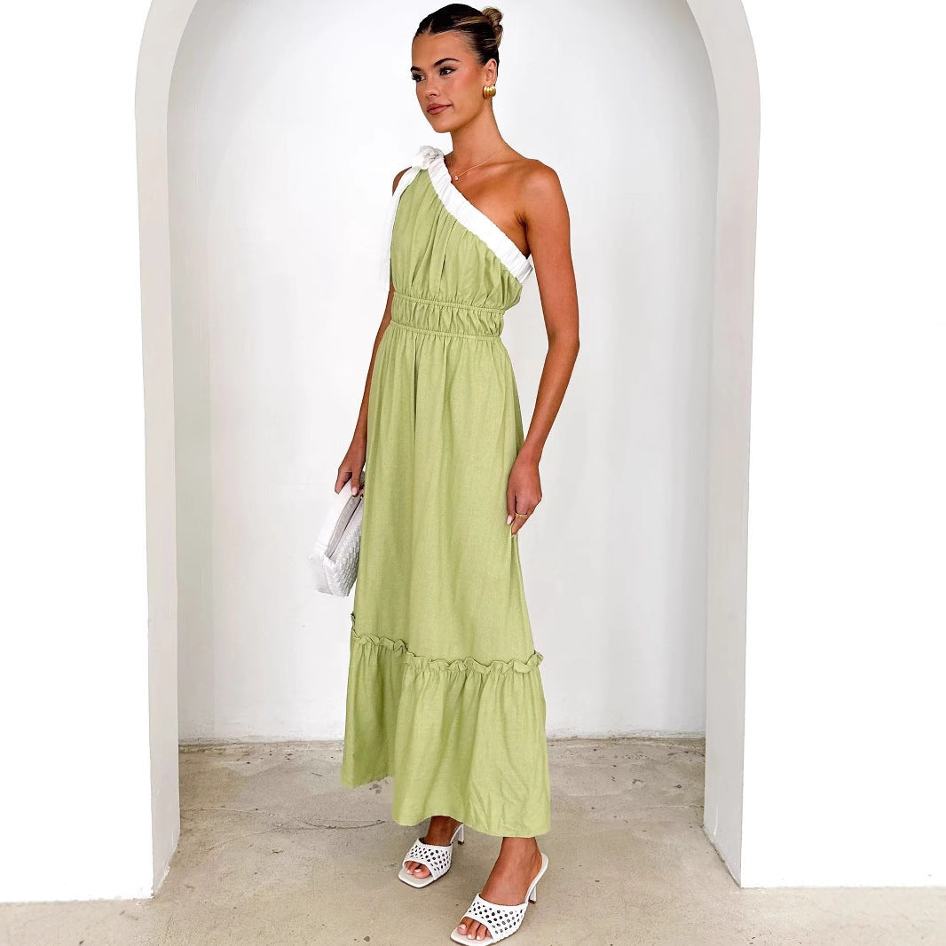 Robe femme unilatérale – Coupe évasée midi – Coton mélangé – Volants et étages