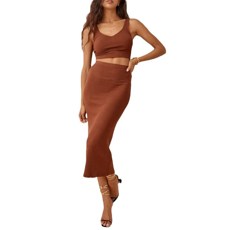 Ensemble femme – Top court en maille côtelée et jupe midi taille haute – Coupe slim