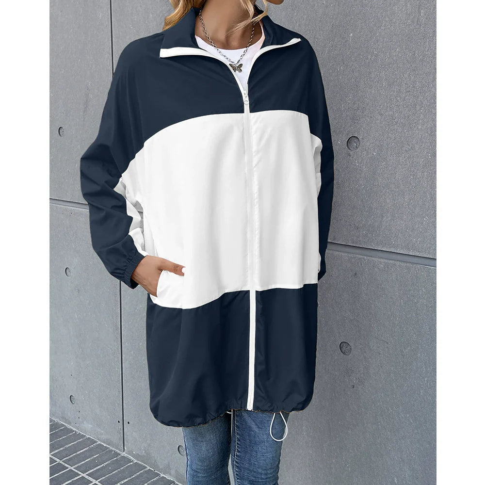Veste imperméable femme – Coupe décontractée – Mi-longue – Capuche – Colorblock