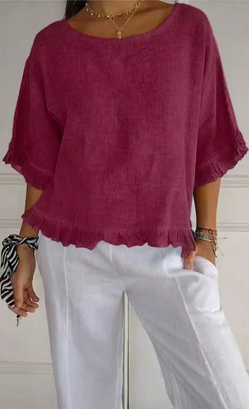 Blouse femme manches courtes – Coupe fluide – Lin et coton – Col rond – Finitions volantées