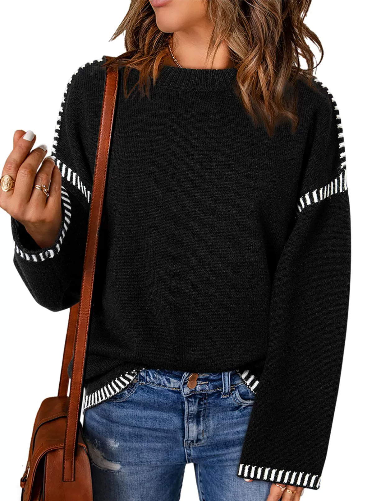 Pull femme – Coupe ample – Maille torsadée – Col rond – Manches longues à rayures