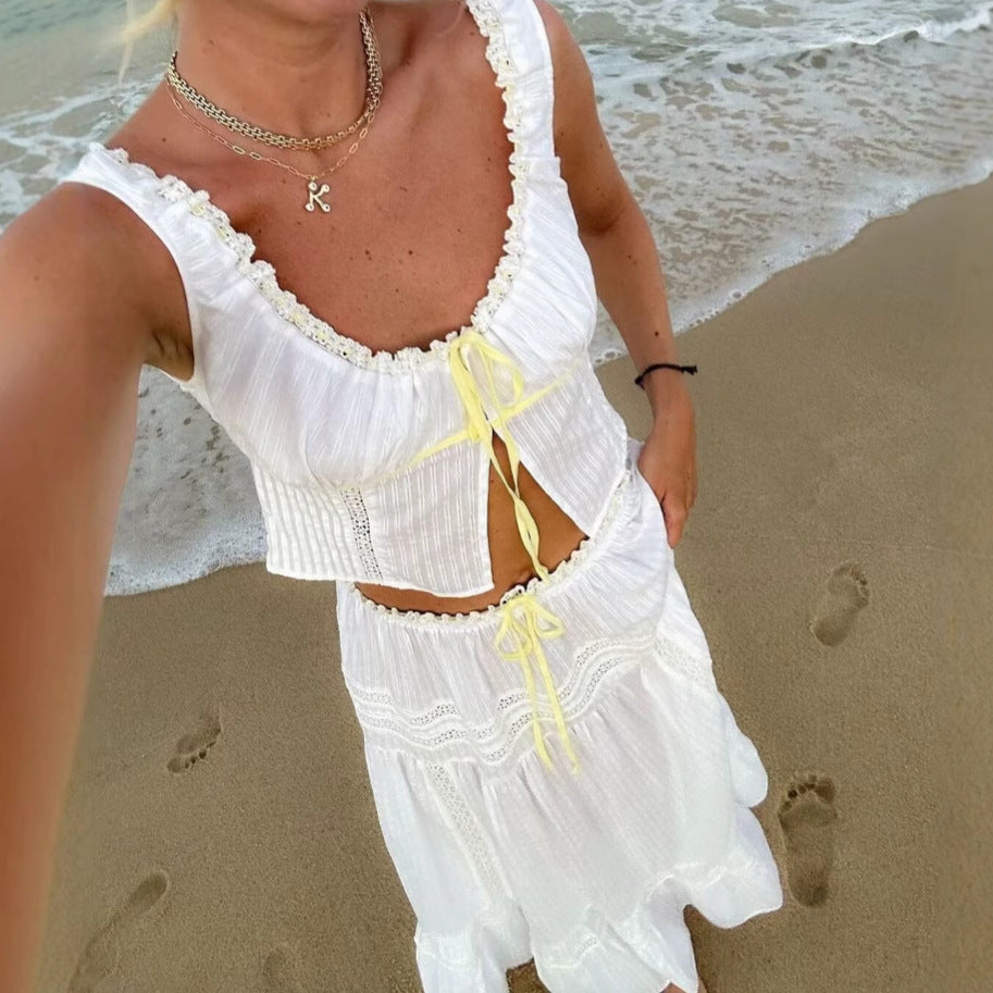 Ensemble Femme Deux Pièces – Débardeur Ajusté Dentelle – Jupe Midi Évasée Taille Haute