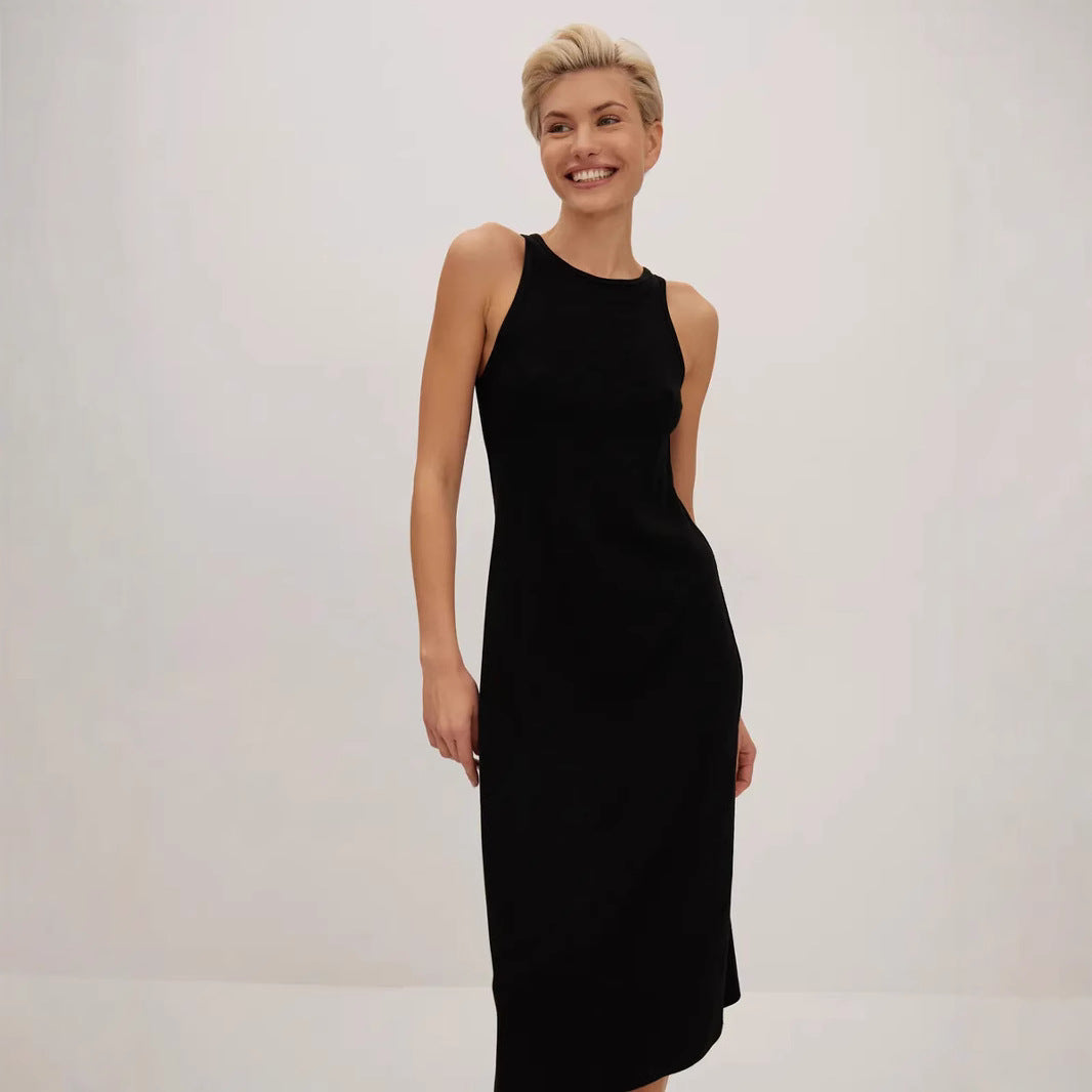 Robe midi femme – Coupe ajustée – Col montant – Sans manches – Style minimaliste élégant
