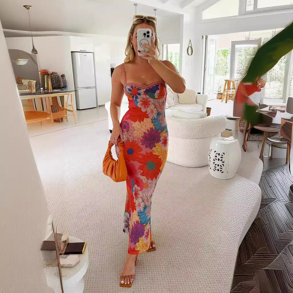 Robe sans manches femme – Coupe slim – Épaule unique – Imprimé fleuri – Longue