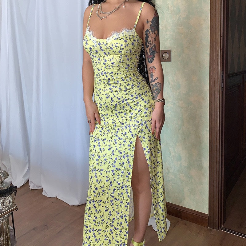 Robe midi femme – Coupe ajustée – Bretelles fines – Fente latérale – Imprimé fleuri