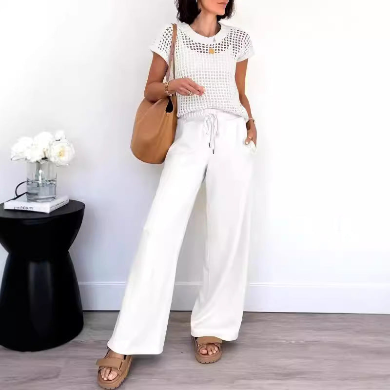 Ensemble Femme – Haut Maille Aérée Manches Courtes – Pantalon Large Fluide