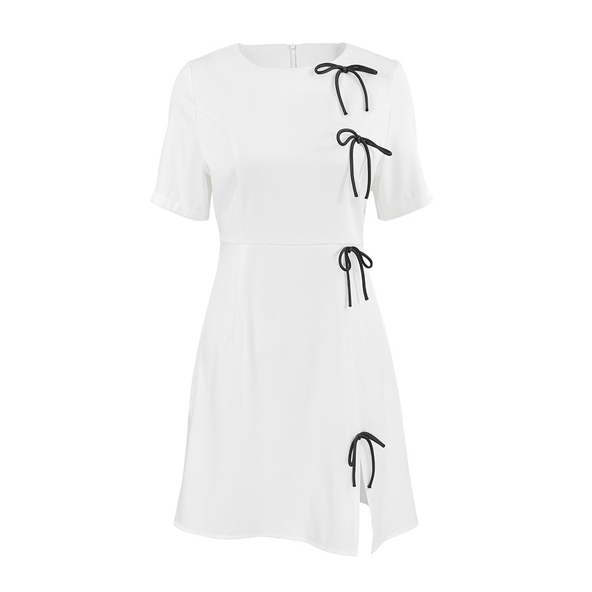 Robe Trapèze Femme - Manches Courtes - Détail Nœud - Fente Élégante