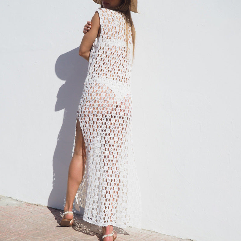 Robe longue femme – Maille crochet ajourée – Sans manches – Coupe fluide fendue