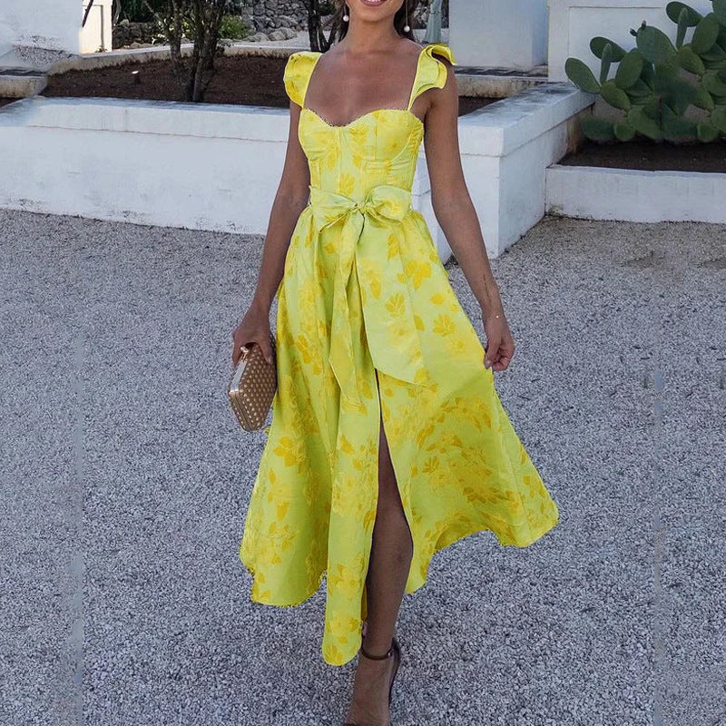 Robe longue femme – coton léger – imprimé fleuri – décolleté cœur – bretelles à nouer