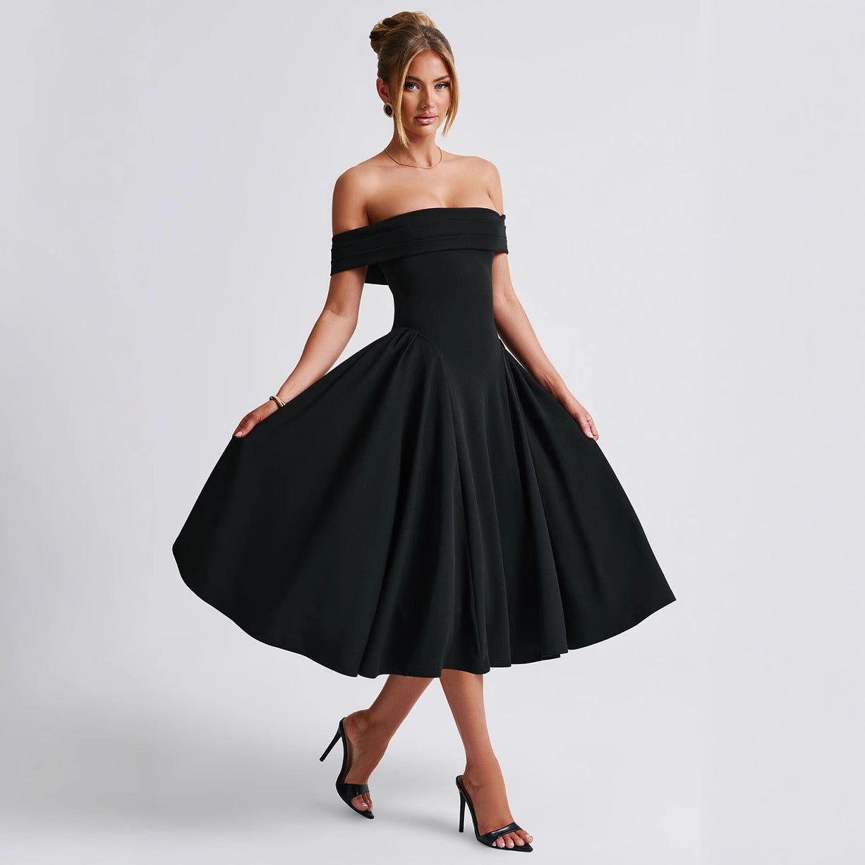 Robe midi femme – Épaules dénudées – Coupe évasée – Tissu structuré élégant