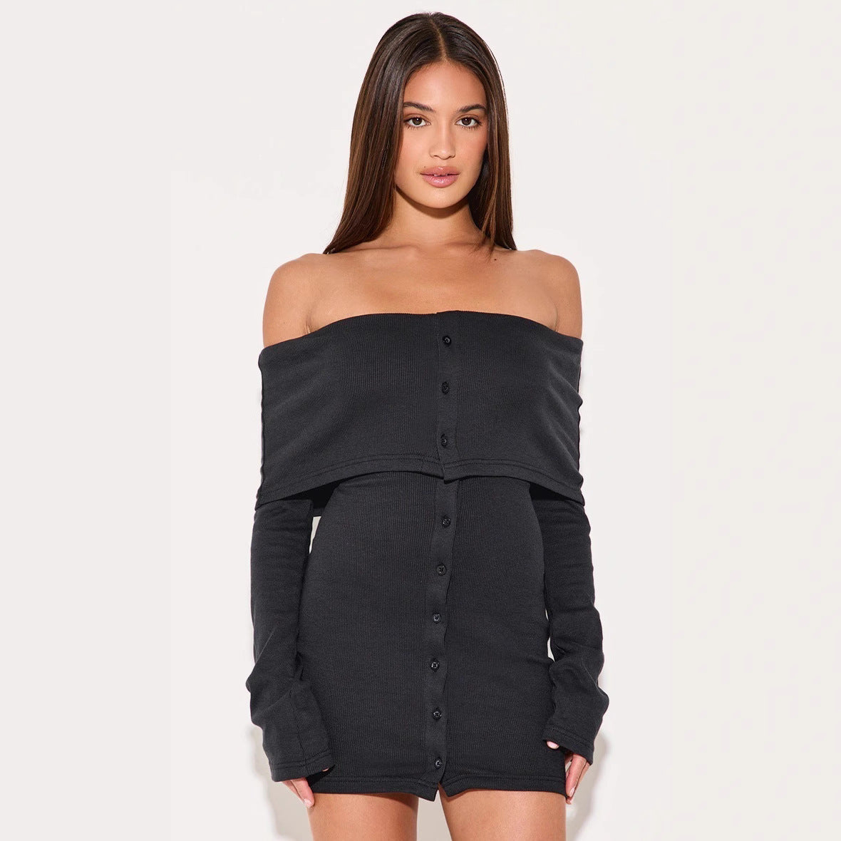 Robe mini femme – Épaules dénudées – Coupe slim – Maille côtelée – Manches longues