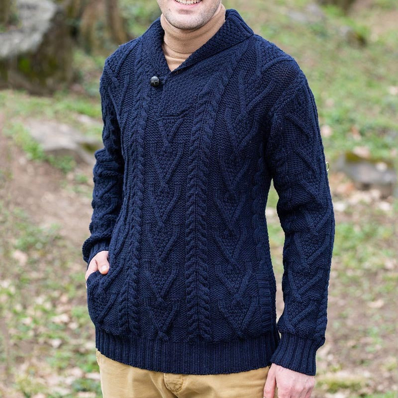 Pull homme – Maille torsadée – Coupe décontractée – Col châle avec bouton