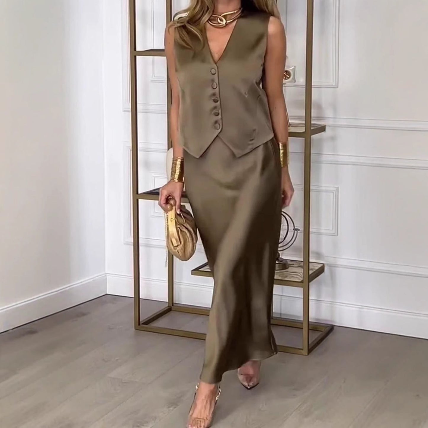 Ensemble Femme Gilet Sans Manches et Jupe Midi – Satiné – Coupe Slim – Élégant