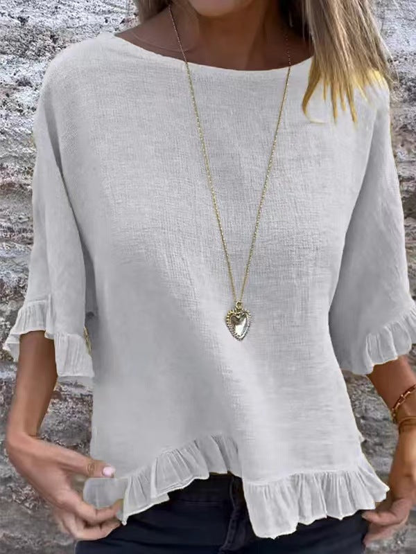 Blouse femme manches courtes – Coupe fluide – Lin et coton – Col rond – Finitions volantées