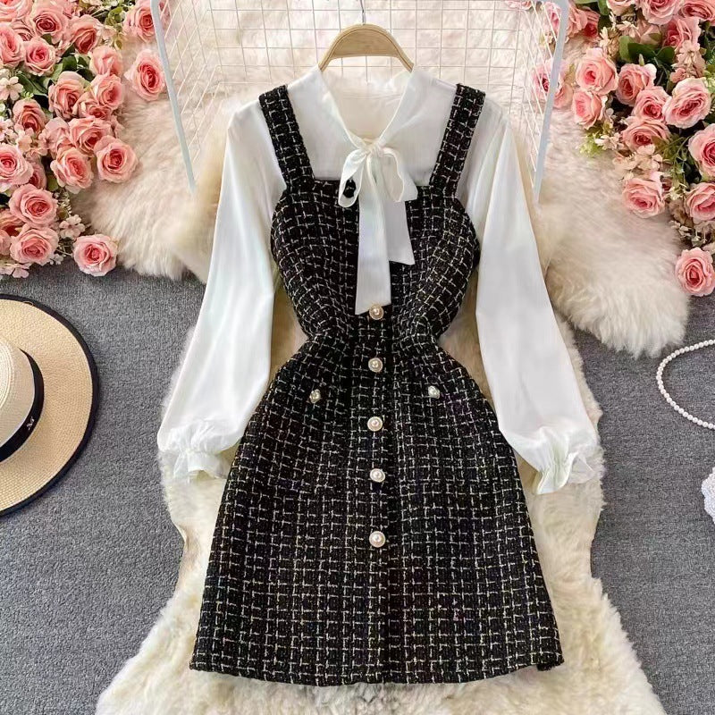 Robe Chasuble Femme – Coupe Cintrée – Tweed Texturé – Boutonnée – Blouse Nœud