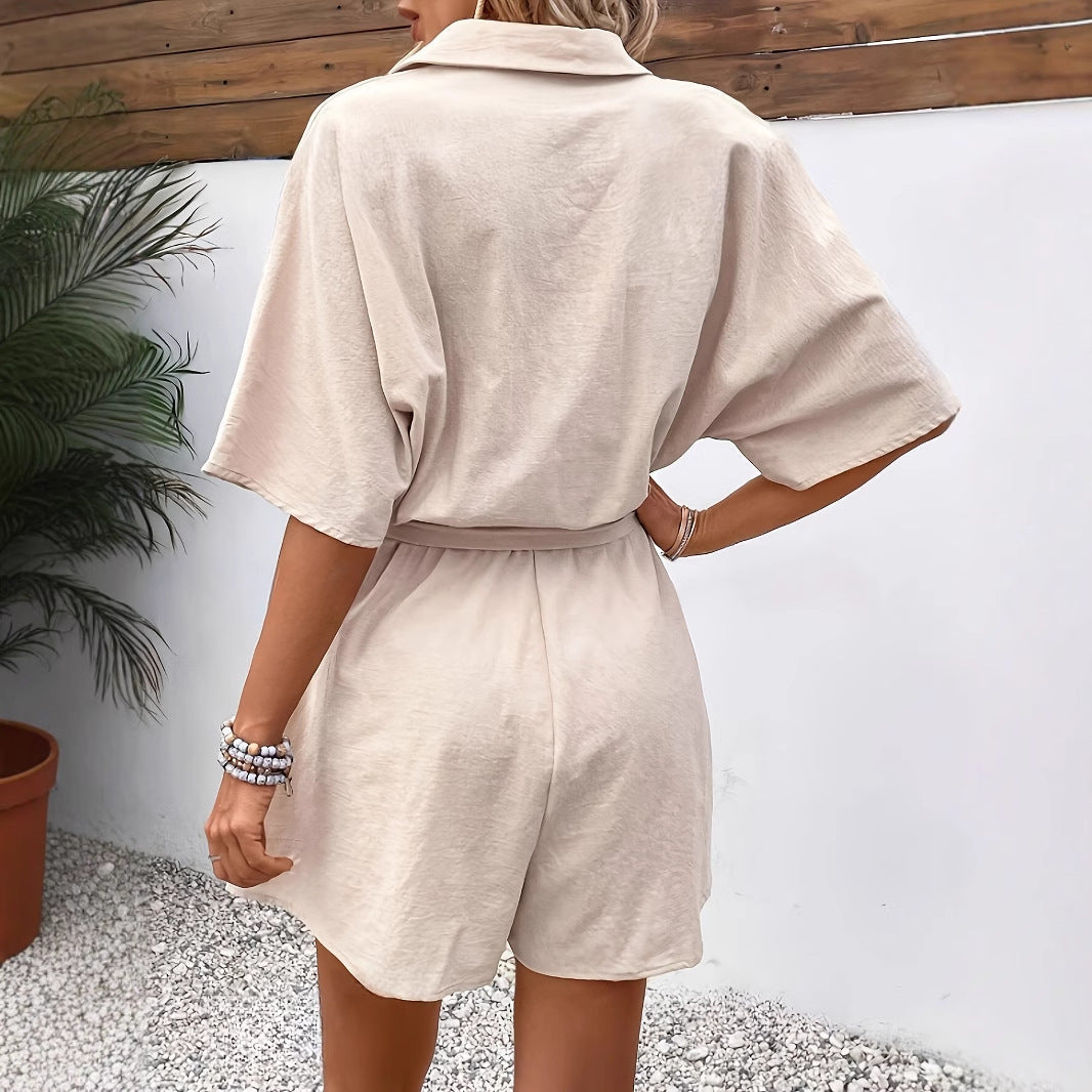 Combinaison Femme – Manches Courtes – Coton Léger – Ceinture Taille – Boutonnée