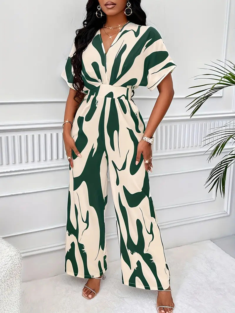 Combinaison femme – Coupe fluide – Taille cintrée – Imprimé abstrait – Manches courtes