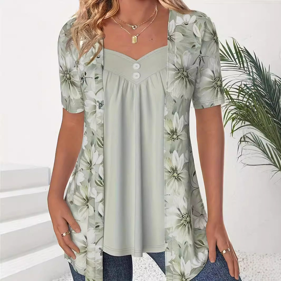 Top femme manches courtes – Coupe ample – Encolure cœur – Imprimé floral – Effet superposé