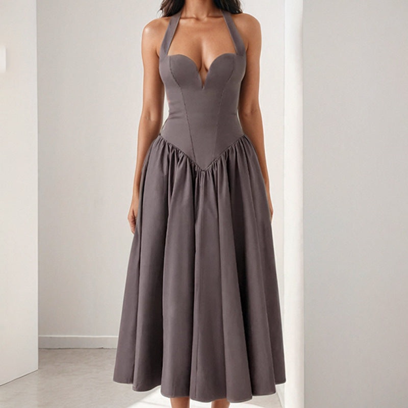 Robe midi femme – Coupe évasée – Col halter – Dos ouvert – Finition satinée élégante