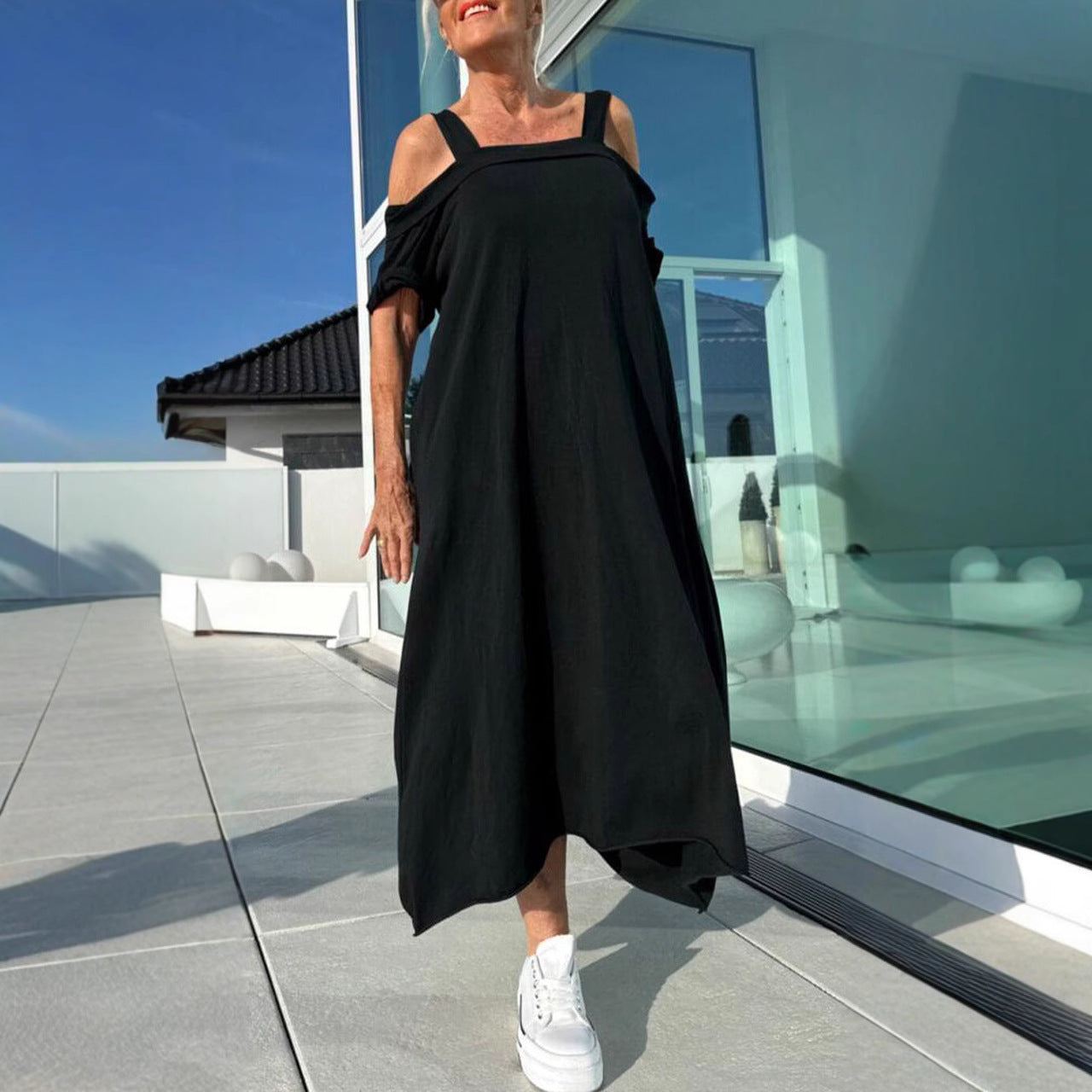 Robe longue femme – Épaules dénudées – Coupe ample – Tissu coton léger – Style décontracté