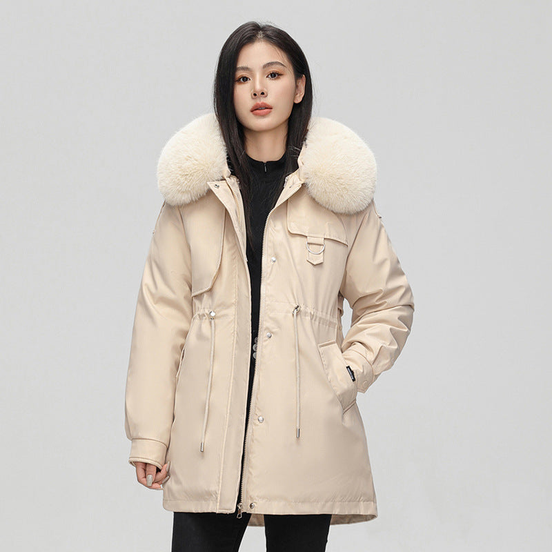 Veste parka femme – Coupe oversize – Capuche fausse fourrure – Taille ajustable