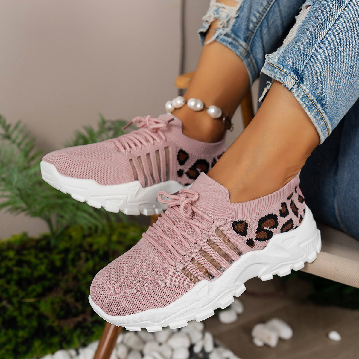 Baskets femme – Flyknit respirant – Semelle ondulée – Imprimé léopard – Basique