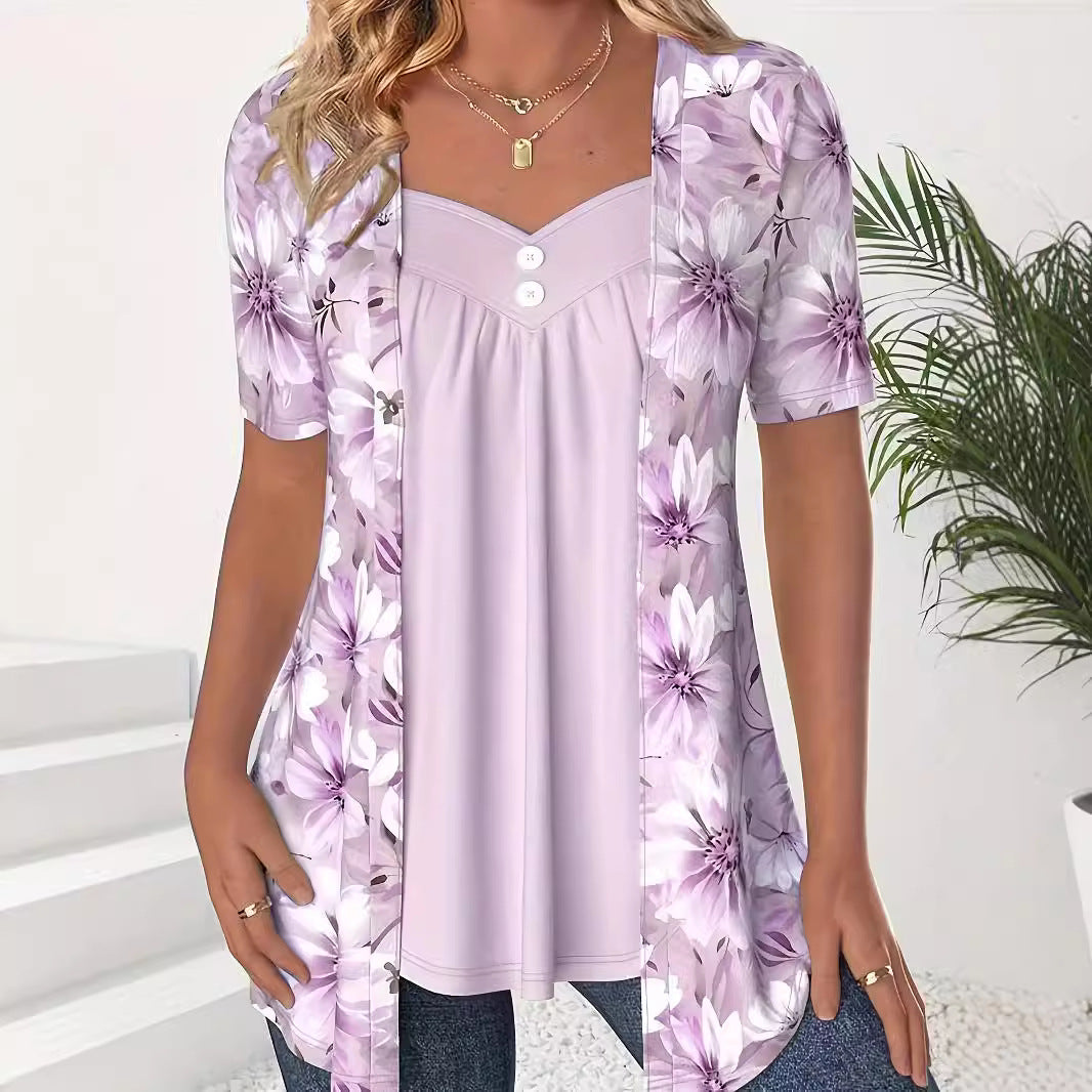 Top femme manches courtes – Coupe ample – Encolure cœur – Imprimé floral – Effet superposé