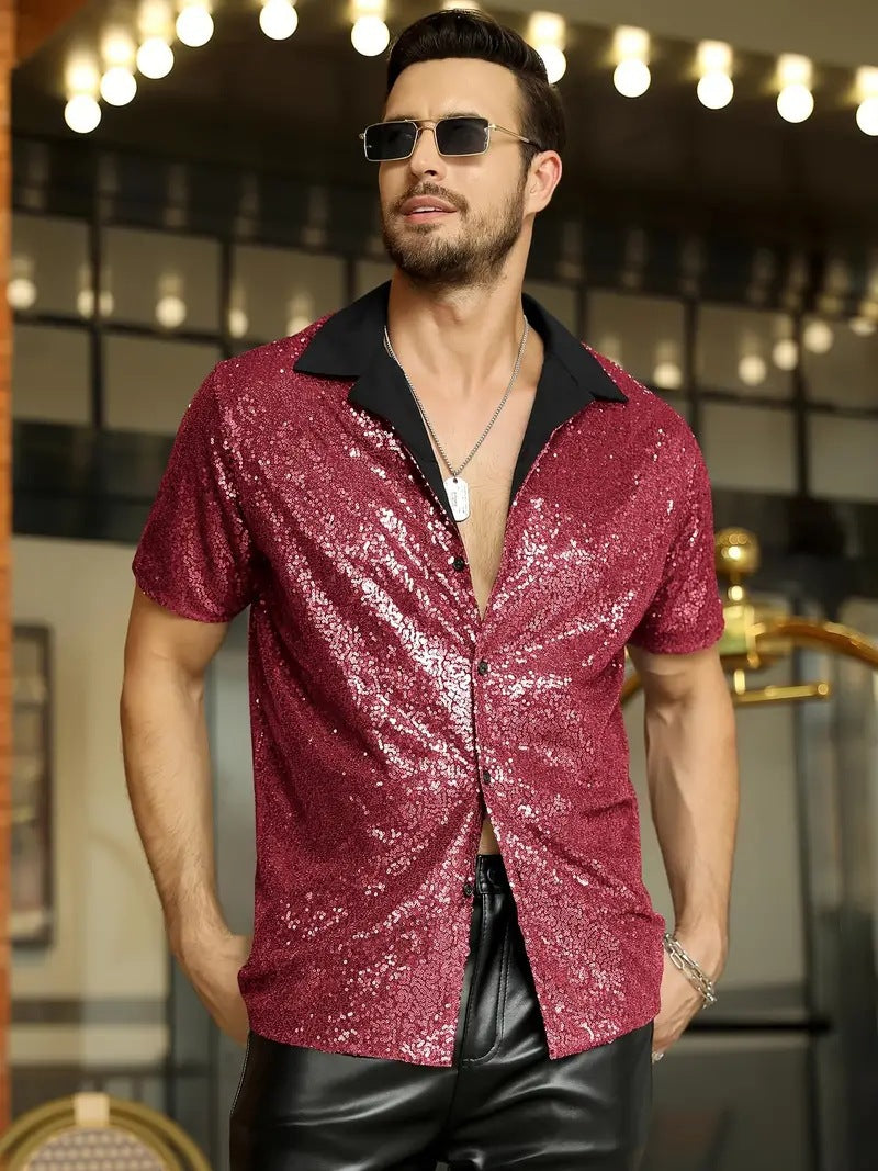 Chemise homme – Slim fit – Sequins brillants – Manches courtes style soirée