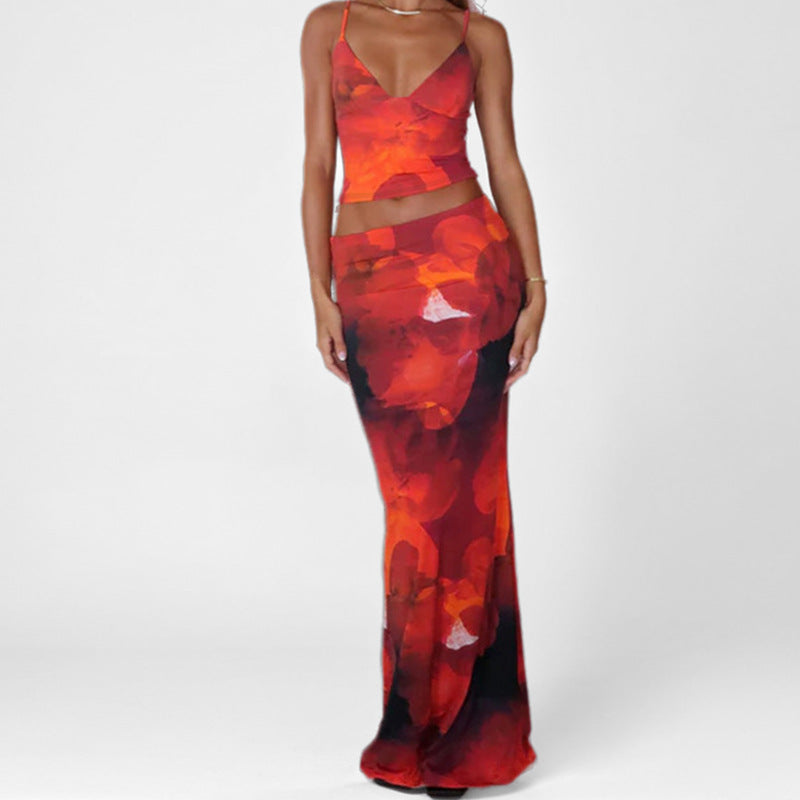 Ensemble Femme Gilet et Jupe Longue – Coupe Ajustée – Bretelles Fines – Tissu Léger