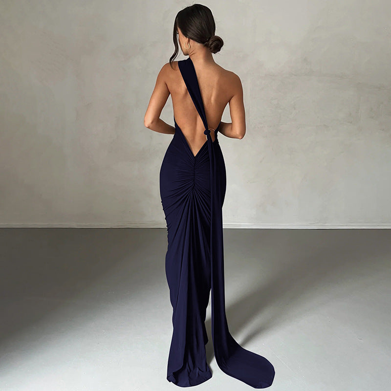 Robe Femme Longue – Coupe Slim – Épaule Dénudée – Encolure Asymétrique – Fronces