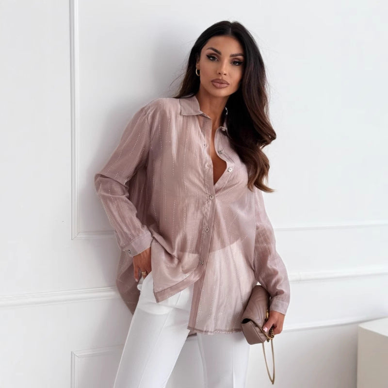 Chemise femme – Manches longues – Coupe oversize – Détail strass – Tissu léger