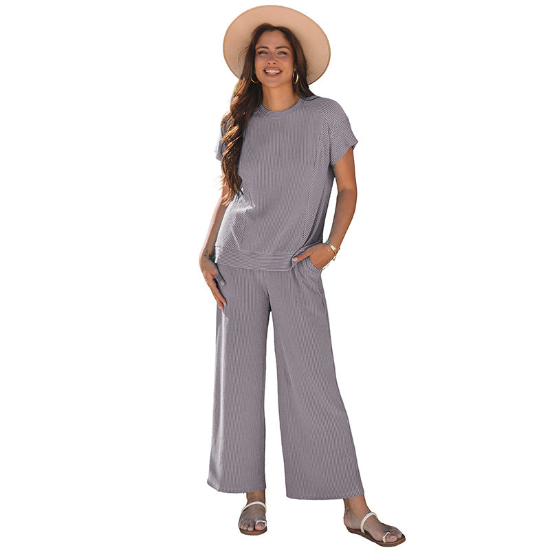 Ensemble Femme Deux Pièces – Maille Côtelée – Haut Manches Courtes – Pantalon Large