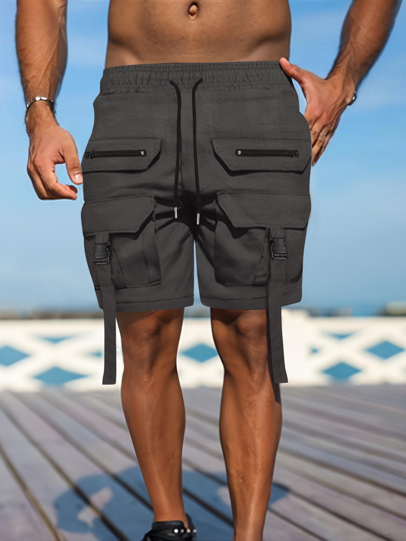 Short cargo homme – Coupe regular – Tissu respirant – Ceinture élastique – Multi-poches
