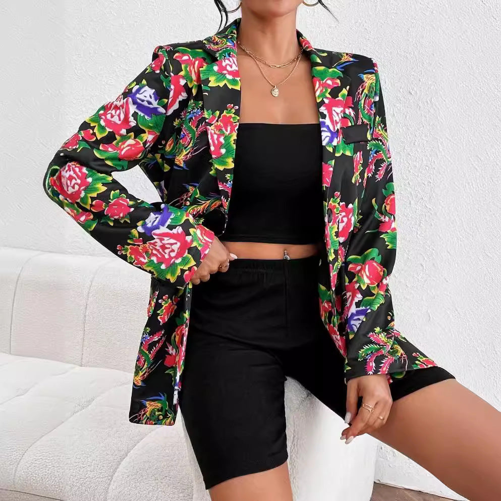 Blazer femme – Coupe slim – Imprimé floral – Fermeture un bouton – Longueur hanches