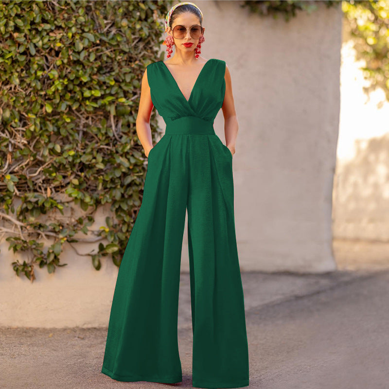 Combinaison femme – Sans manches – Taille haute – Jambes larges – Encolure en V