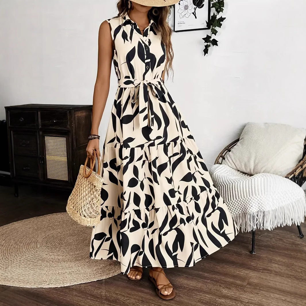 Robe longue femme – Coupe évasée – Sans manches – Col chemise – Imprimé feuillage