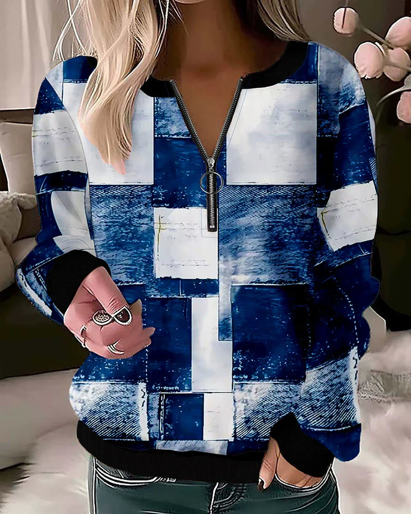 Femme Sweatshirt - Maille Texturée - Coupe Décontractée - Col Zippé - Manches Longues