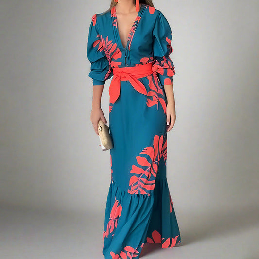Robe longue femme – Manches bouffantes – Décolleté en V – Taille ceinturée – Imprimé bold