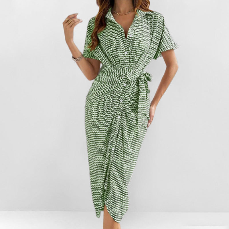 Robe portefeuille femme – Coupe midi – Manches courtes – Taille ceinturée – Col V