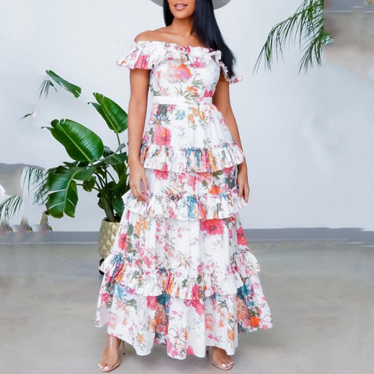 Robe longue femme – Fibres naturelles – Épaules dénudées – Volants superposés – Coupe fluide