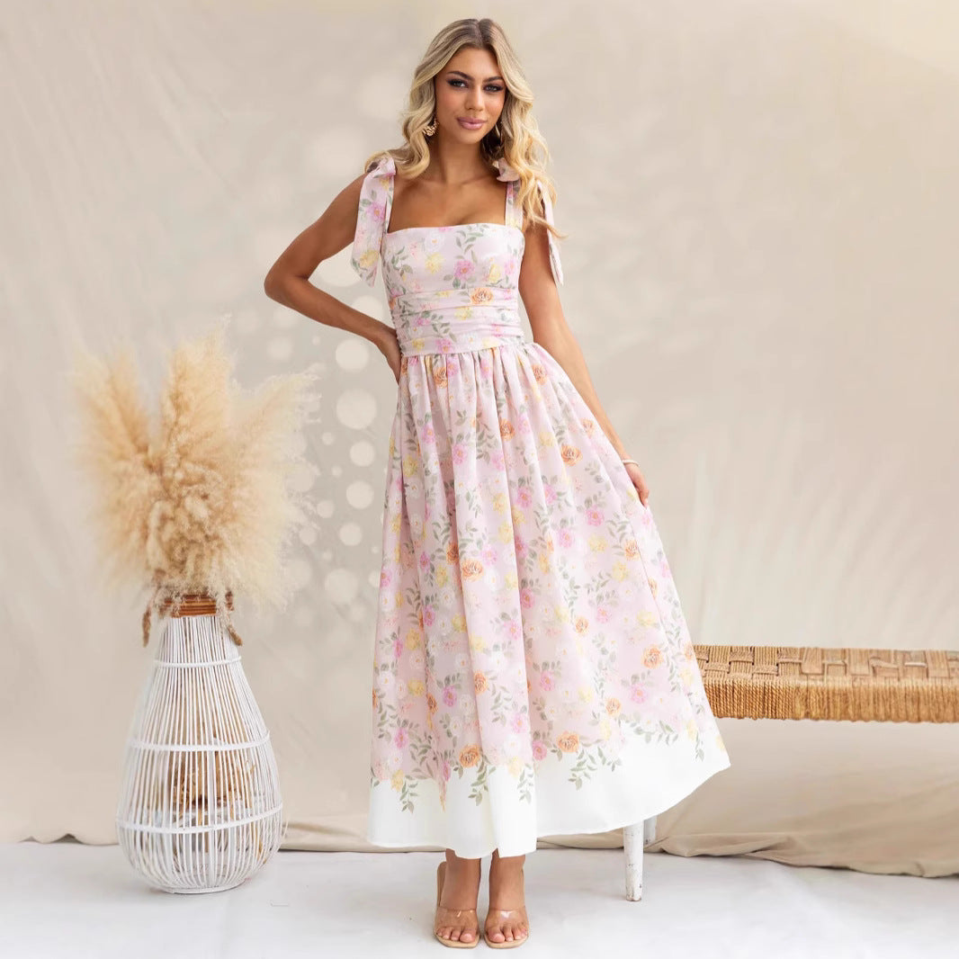 Robe midi femme – Coupe évasée – Bretelles fines – Imprimé fleuri – Tissu léger