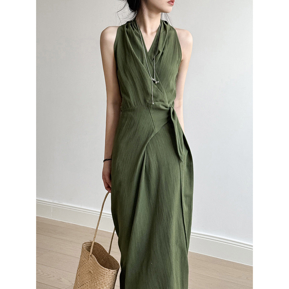 Robe femme longue – Coupe slim – Col V dos nu – Ceinture taille – Tissu fluide