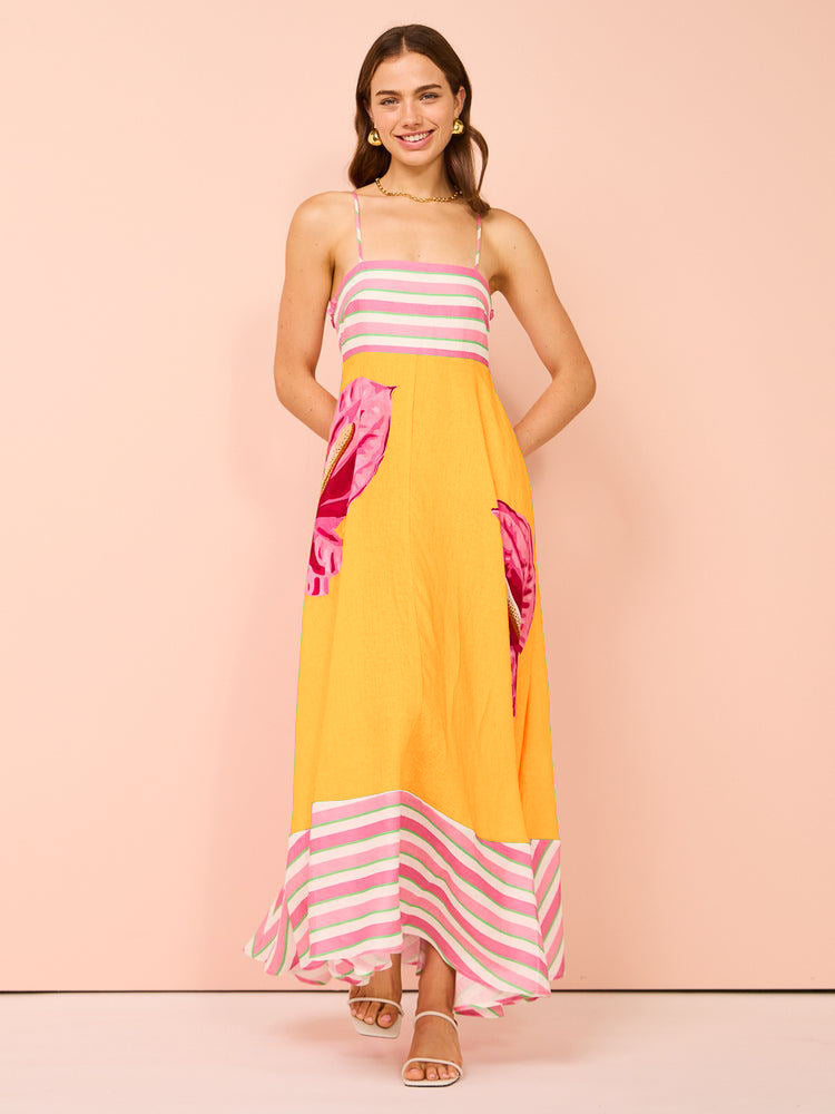 Robe midi femme – Bretelles fines – Corsage smocké – Coupe évasée fluide