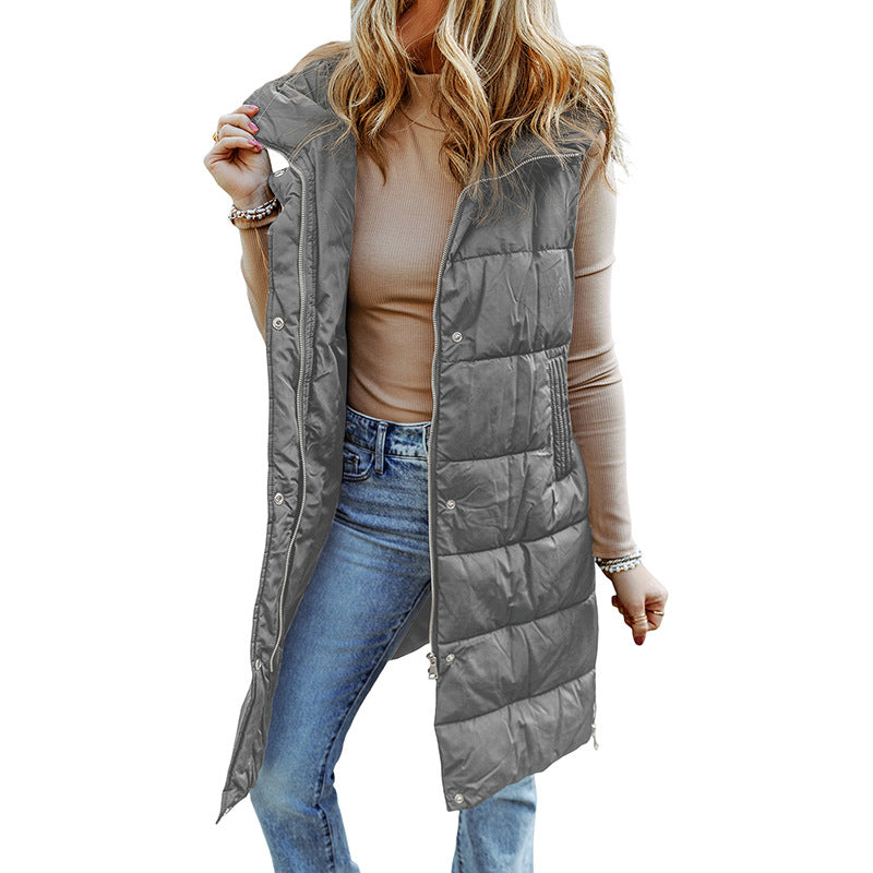 Veste longue femme – Matelassée légère – Coupe décontractée – Sans manches à capuche