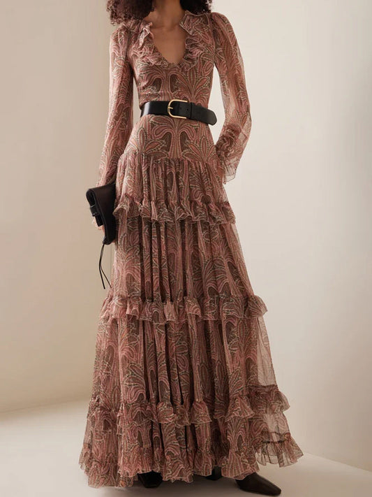 Robe longue femme – Taille haute – Voile fluide – Manches évasées – Détails à volants