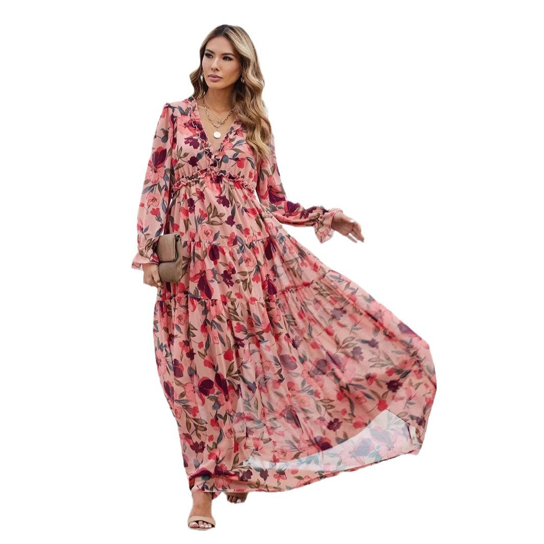 Robe longue femme – Chiffon léger – Imprimé fleuri – Col V – Manches longues