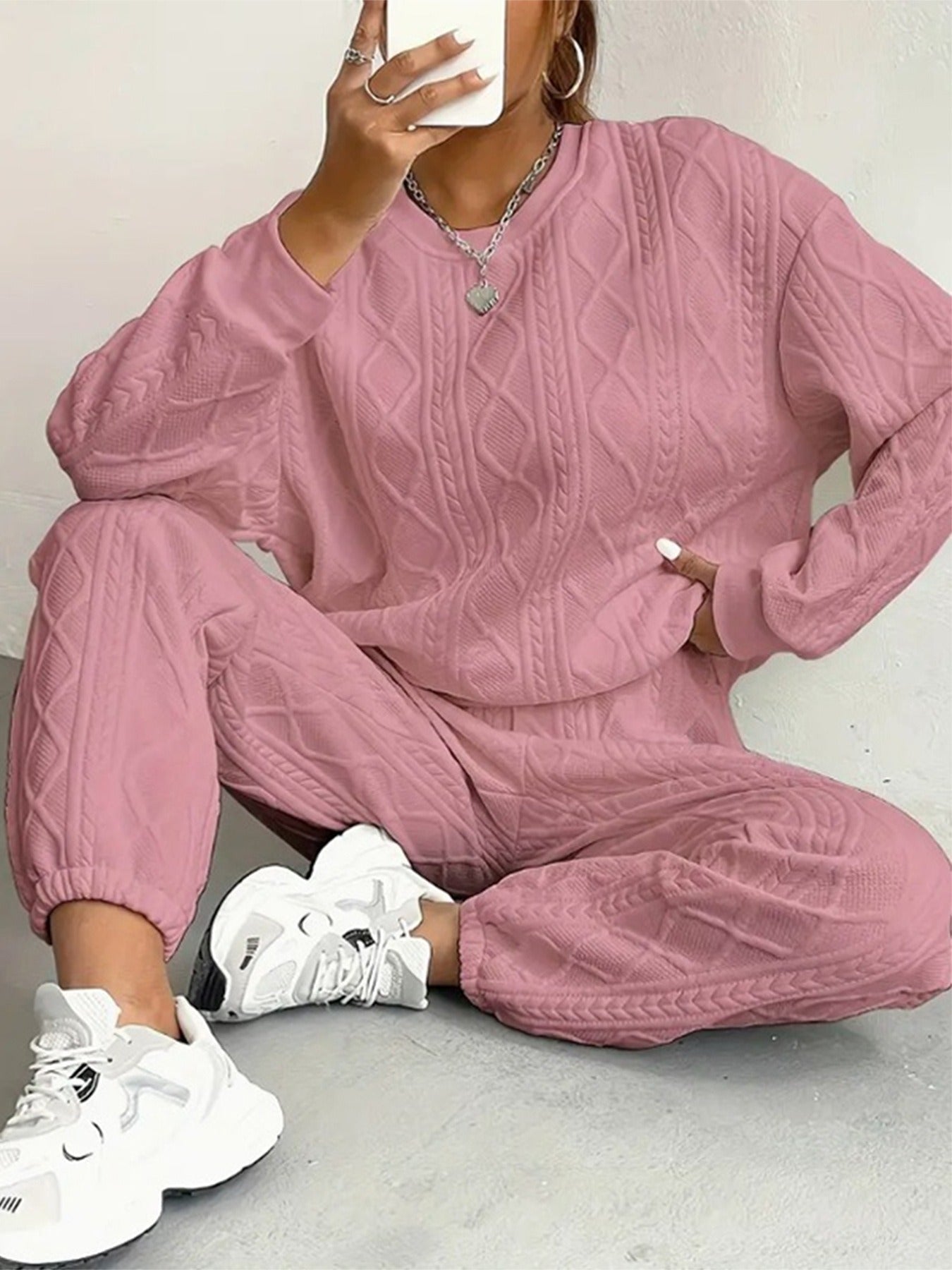 Ensemble détente femme – Maille torsadée – Coupe décontractée – Manches longues et bas resserrés