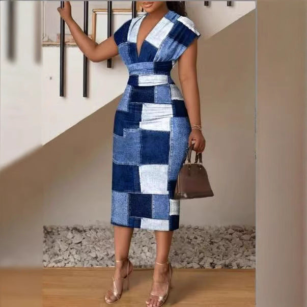 Robe midi femme – Coupe moulante – Col en V – Manches courtes – Patchwork effet denim