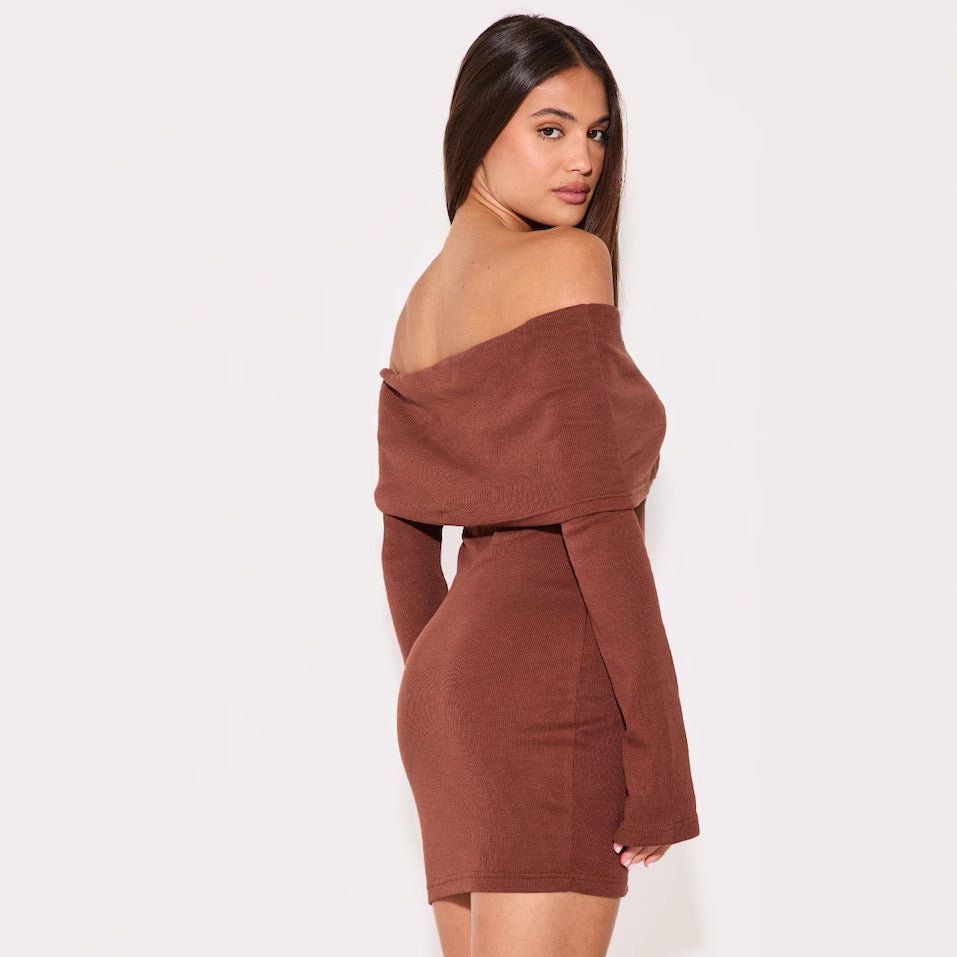 Robe mini femme – Épaules dénudées – Coupe slim – Maille côtelée – Manches longues