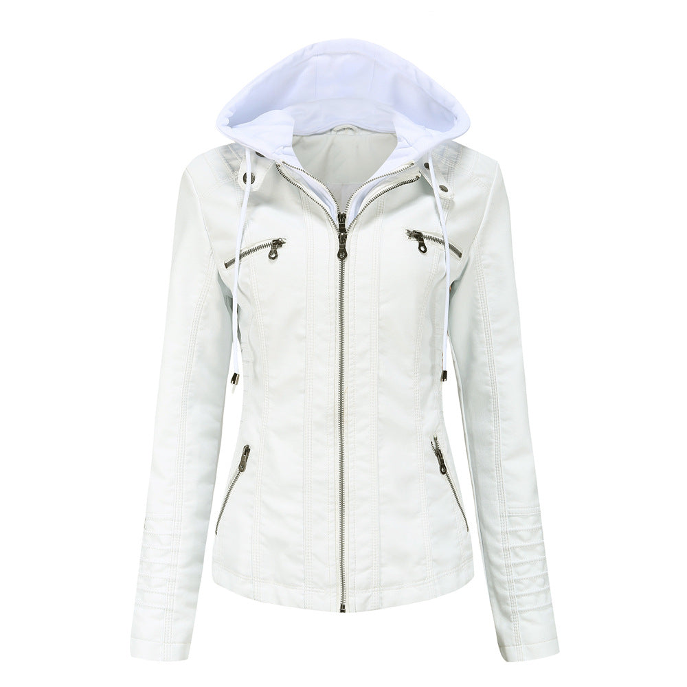 Veste à capuche femme – Simili cuir – Coupe cintrée – Capuche amovible – Poches zippées